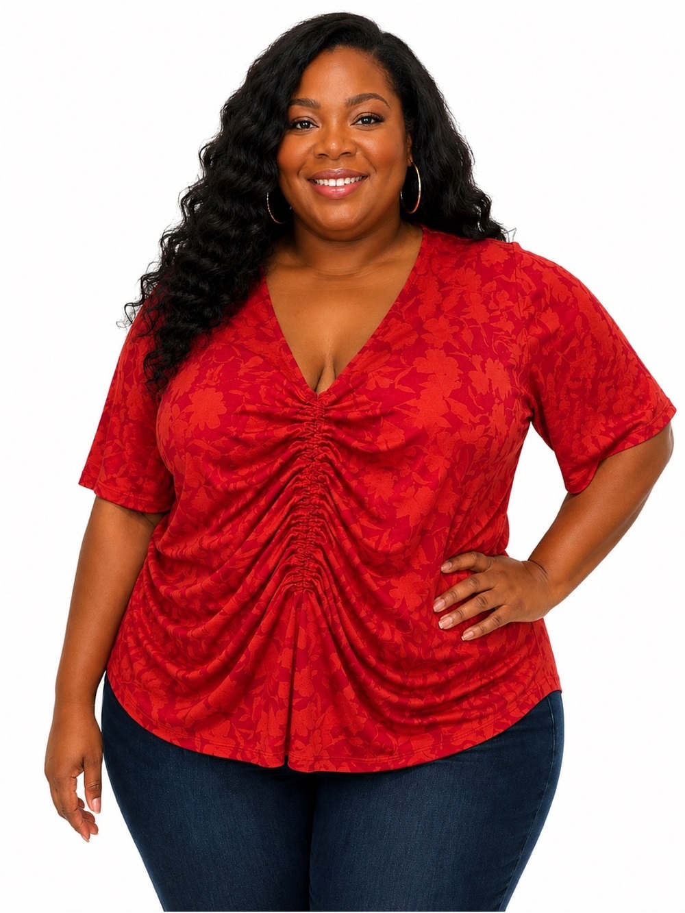 Michael Kors Plus Size Red Floral Ruched V-Neck Top